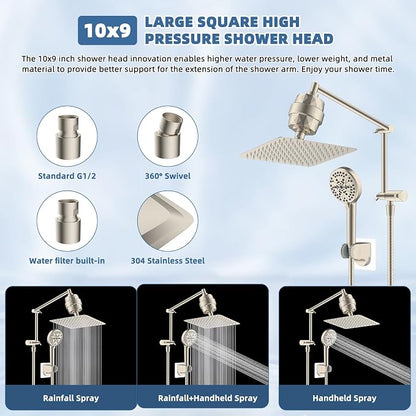 Metal Rain Filtered Shower Head with Handheld, 10" High-Pressure,10-Mode | Brushed Nickel, Rainfall Showerhead with 5" Handheld Powerful Wash, Adjustable 16" Extension Arm/71" Hose, 20-Stage Filter