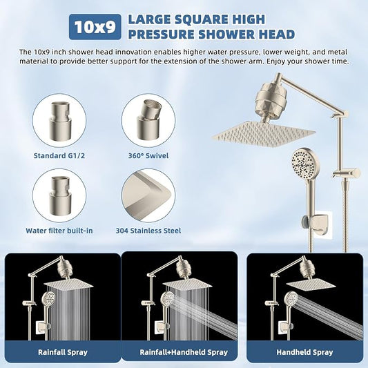 Metal Rain Filtered Shower Head with Handheld, 10" High-Pressure,10-Mode | Brushed Nickel, Rainfall Showerhead with 5" Handheld Powerful Wash, Adjustable 16" Extension Arm/71" Hose, 20-Stage Filter