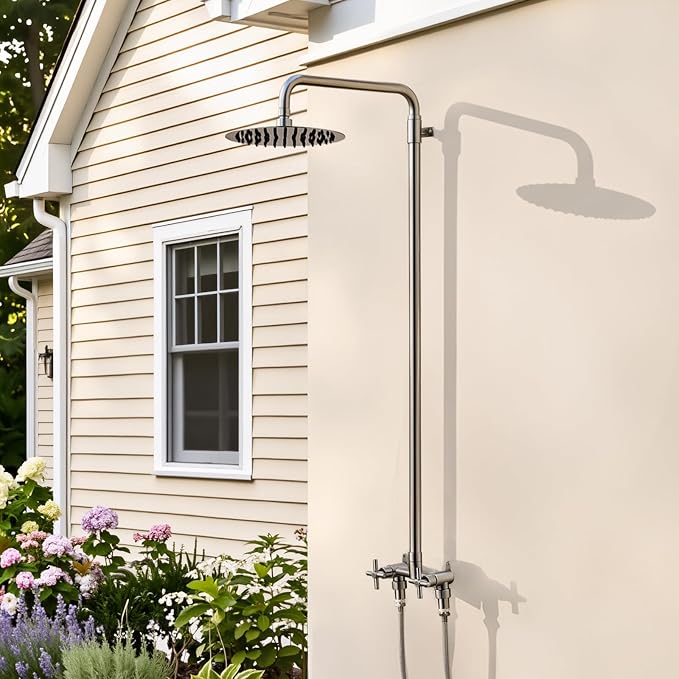 316 Marine-Grade Stainless Steel Wall-Mount Outdoor Shower Kit | SUS 316 Stainless Steel, Easy Install, Height Adjustable, Exposed Wall-Mount, for Beach, Coastal & Backyard Homes