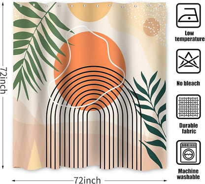 Boho Shower Curtain, Abstract Mid Century Modern Arch Sun Tropical Leaf Machine Washable Waterproof for Bathroom Bathtub with Hooks 72x72