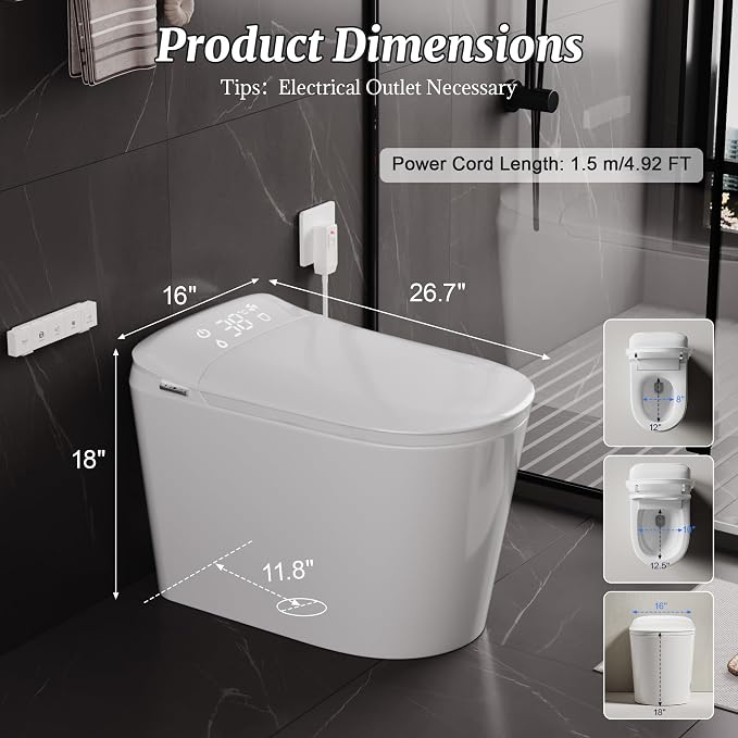 Smart Bidet Toilet with Tank Foam Shield Dual Auto Flush/Lid&Seat | Foot Sensor UV-C light Electric Modern One Piece Toilet for Bathroom with Siphon Dual Flush 0.8/1.2 GPF MAP 1000g
