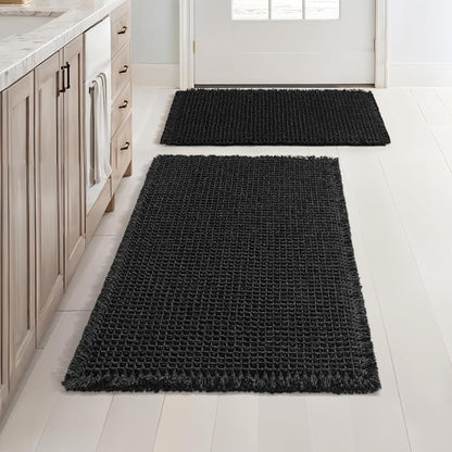 MIULEE Set of 2 Waffle Bathroom Rugs Boho Bath Mat Black 17"x24"+20"x32" | Non Slip, Super Absorbent, Washable, Ultra Soft, Rubber Backed Bath Rugs for Bathroom Floor Tub Shower