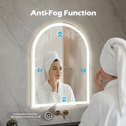 Sweetcrispy 24“×32” LED Bathroom Backlit Mirror with Lights, Arched Vanity Mirror with Anti-Fog, Dimmable, 3-Color Light, Memory Function, Tempered Glass