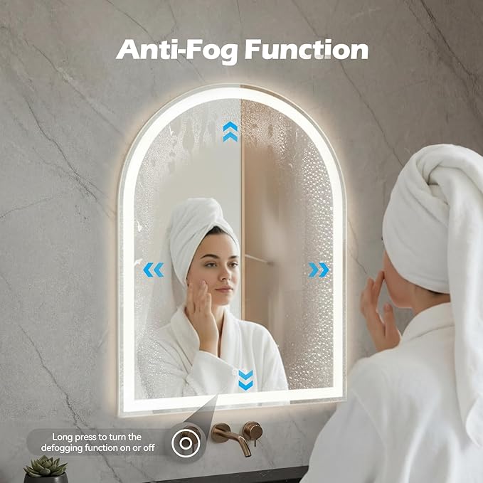 DUMOS 24"x32" LED Bathroom Mirror with Lights, Arched Vanity Mirror | Anti-Fog, Dimmable, 3-Color Light, Memory Function, Front Light and Backlit, Tempered Glass