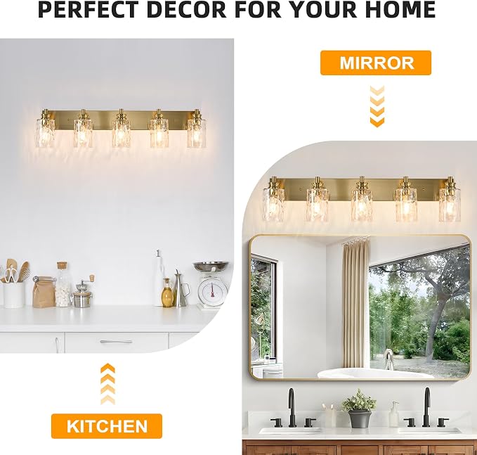 5 Light Bathroom Vanity Light Modern Brushed Gold Bathroom Light Fixtures Over Mirror with Hammered Glass Lampshade for Kitchen Hallway
