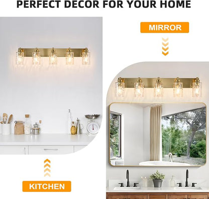 5 Light Bathroom Vanity Light Modern Brushed Gold Bathroom Light Fixtures Over Mirror with Hammered Glass Lampshade for Kitchen Hallway