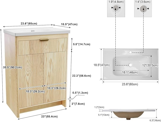 24 Inch Bathroom Vanity with Sink, Bathroom Cabinet Vanity for Small Space, Freestanding Storage Bathroom Vanity with 2 Soft Closing Cabinets, Nature Wood
