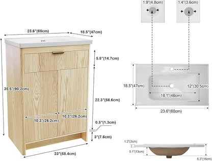24 Inch Bathroom Vanity with Sink, Bathroom Cabinet Vanity for Small Space, Freestanding Storage Bathroom Vanity with 2 Soft Closing Cabinets, Nature Wood