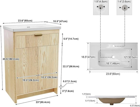 24 Inch Bathroom Vanity with Sink, Bathroom Cabinet Vanity for Small Space, Freestanding Storage Bathroom Vanity with 2 Soft Closing Cabinets, Nature Wood