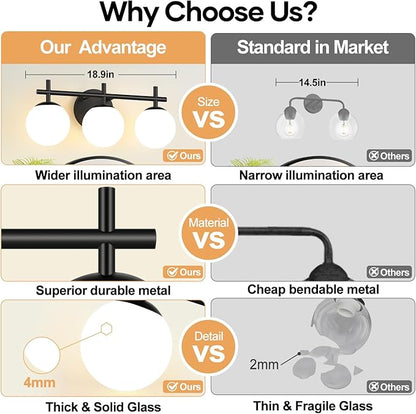 3-Light Bathroom Light Fixtures, Matte Black Vanity Lights for Bathroom with Milky White Glass Ball Shade, 18.9 inch Bathroom Lighting Fixtures Over Mirror, Wall Sconce for Bedroom (Bulb Not Included)