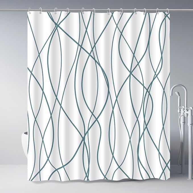 Striped Shower Curtain for Bathroom, Lake Blue, 72" W x 72" L | with Hooks, Modern Hotel Style, Water Repellent, Washable, Weighted Hem