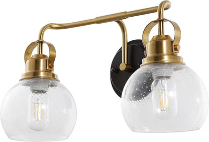 JONATHAN Y 17.5" Brass Gold/Oil Rubbed Bronze Shirley 2-Light Bathroom Vanity Light, Metal Wall Sconce, Clear Seeded Glass Shade, Modern Transitional Farmhouse Fixture, LED Bulbs Included (JYL7404B)