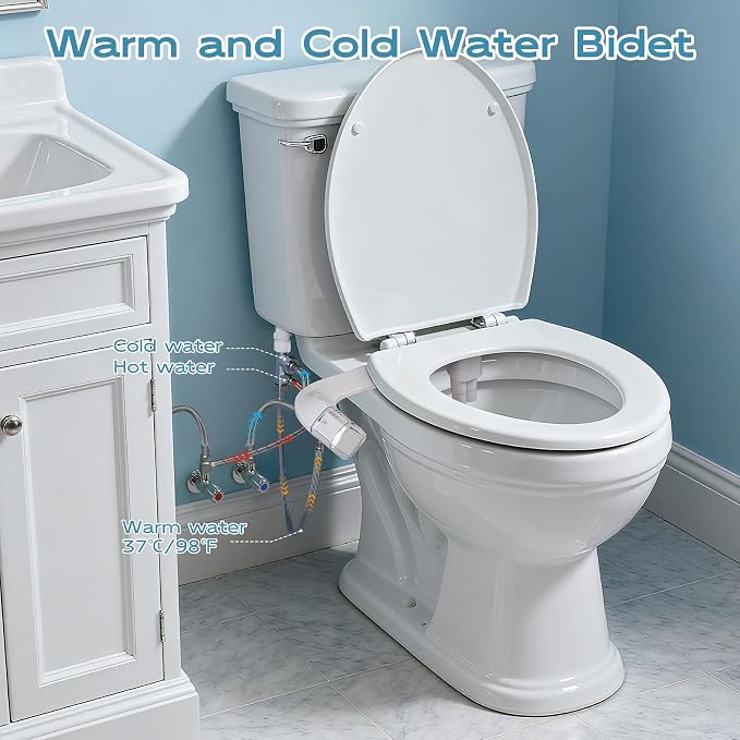 Warm Water bidet, Dual Nozzle Non-Electric Hot and Cold Bidet Attachment for Toilet, Adjustable Pressure with Rear and Feminine Wash Bidet Toilet Seat Attachment (White Warm Bidet)