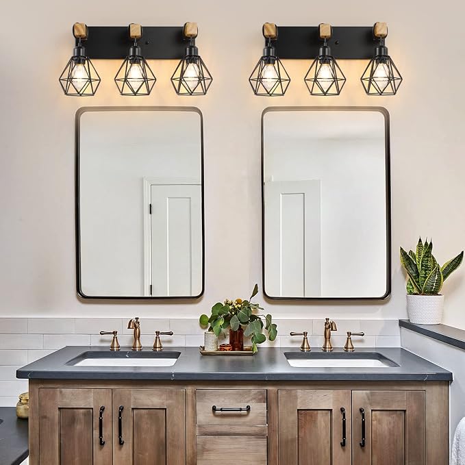 maesta 3 Light Bathroom Vanity Light, Farmhouse Black Fixture Over Mirror | Farmhouse Bathroom Light Fixtures, Wood & Metal, Anti-Rust, Easy to Install for Rustic Bathroom Hallway