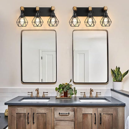 maesta 3 Light Bathroom Vanity Light, Farmhouse Black Fixture Over Mirror | Farmhouse Bathroom Light Fixtures, Wood & Metal, Anti-Rust, Easy to Install for Rustic Bathroom Hallway