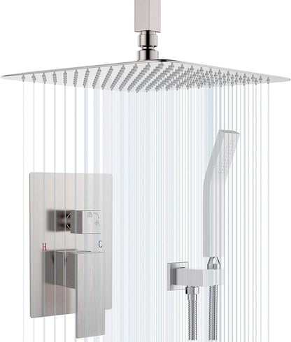SunCleanse Rainfall Shower Faucet Set Brushed Nickel Shower Combo Set for Bathroom with High Pressure 10 inch Shower Head with Handheld Shower Valves Shower Head and Handheld Ceiling Mounted