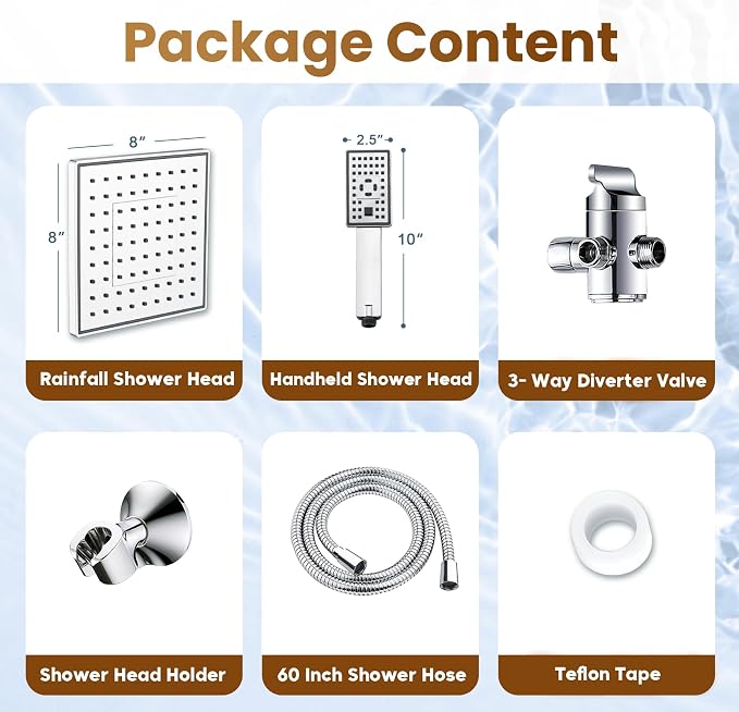 BRIGHT SHOWERS Rain Shower Head with Handheld Spray, 8 Inch High Pressure Rainfall Shower Head Combo with 60” Hose, Adjustable Dual Square Showerhead with 3-Way Diverter, Wall Bracket, Chrome