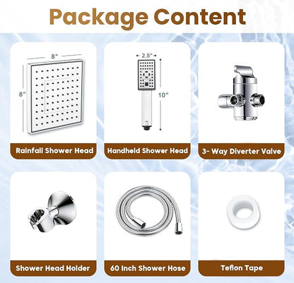 BRIGHT SHOWERS Rain Shower Head with Handheld Spray, 8 Inch High Pressure Rainfall Shower Head Combo with 60” Hose, Adjustable Dual Square Showerhead with 3-Way Diverter, Wall Bracket, Chrome