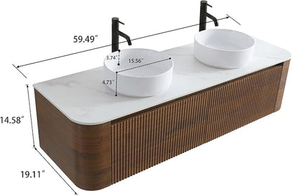 60" Preassembled Double Floating Bathroom Vanity with Round Sink, Walnut | Mid-Century Modern Style, Fluted & Soft-Close Drawer with U-shaped Wall, Sinterted Stone Countertop, Towel Rack Included
