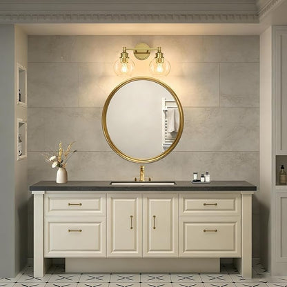 Bathroom Light Fixtures, 2-Light Brushed Gold Vanity Light Globe Glass Shades, Bathroom Lighting Fixtures Over Mirror, Wall Sconces for Master Bathroom, Guest Bathroom, Powder Room, 14-inch