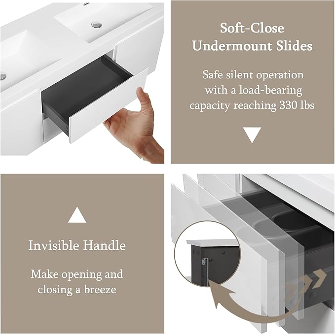 Floating Bathroom Vanity with Double Sinks, 60" Wall-Mounted Bathroom Storage Vanity Cabinet with Resin Top Basin and Soft Close Drawers, No Assembly Required, Glossy White