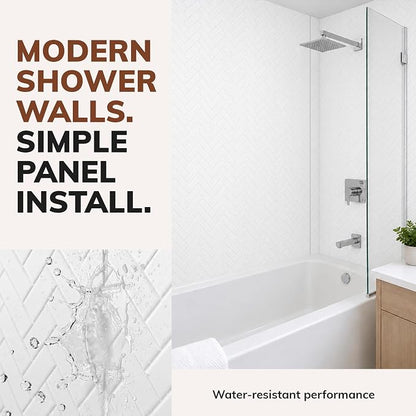 From Plain To Beautiful In Hours 133-HERR-KIT Herringbone Tile Tub and Shower Wall Panels Surround, Gloss White, 96 Square Feet