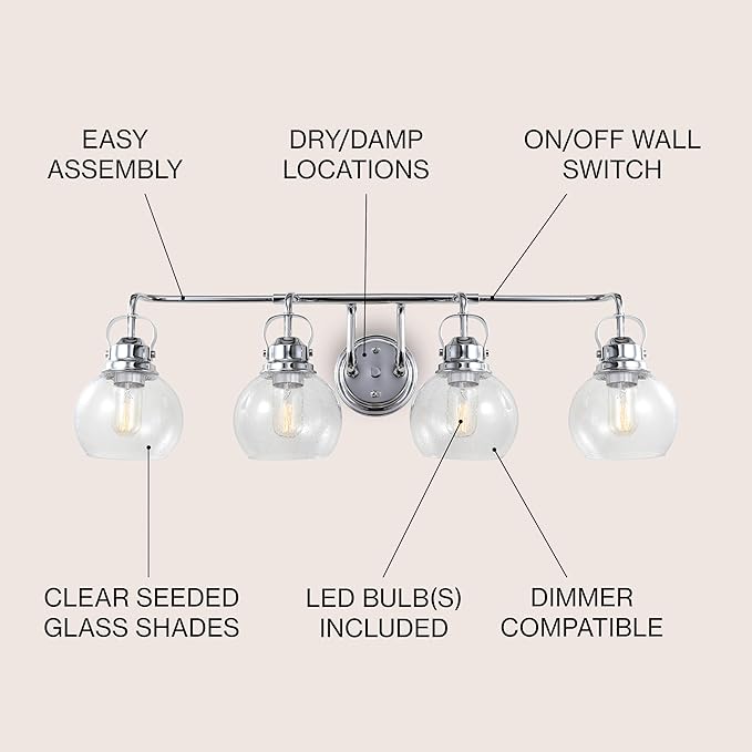 JONATHAN Y 34" Chrome Shirley 4-Light Bathroom Vanity Light, Metal Wall Sconce, Clear Seeded Glass Shade, Modern Transitional Farmhouse Fixture, LED Bulbs Included (JYL7406A)