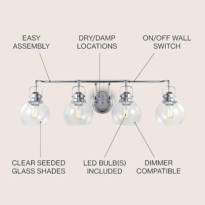 JONATHAN Y 34" Chrome Shirley 4-Light Bathroom Vanity Light, Metal Wall Sconce, Clear Seeded Glass Shade, Modern Transitional Farmhouse Fixture, LED Bulbs Included (JYL7406A)