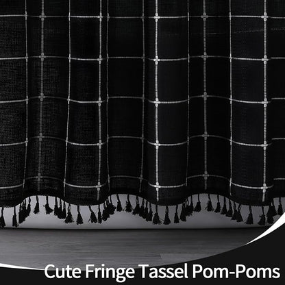 Black Boho Farmhouse Shower Curtain for Bathroom 72x72 | 320 GSM French Country Plaid Tassel Shower Curtain, Rustic Aesthetic Bathroom Decor Windows Curtain