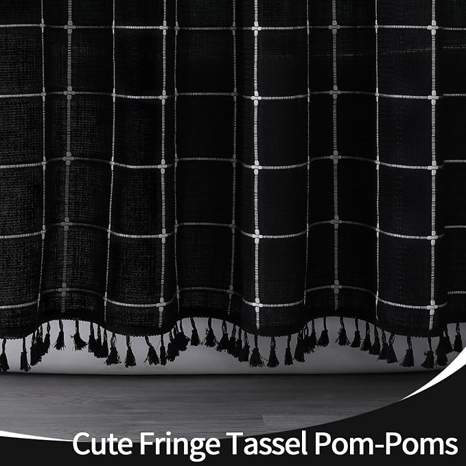 Small Stall Boho Farmhouse Shower Curtain for Bathroom 36x72 | Narrow Half French Country Plaid Tassel Shower Curtain, Rustic Aesthetic Bathroom Decor Windows Curtain, Black