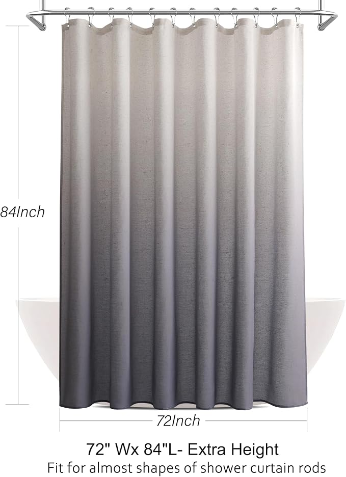 Ombre Grey Linen Shower Curtain, Rustic Boho Farmhouse Style Bath Curtains for Bathroom, Cotton Blend Water Resistant Fabric Shower Curtain with Stainless Steel Hooks, 72 x 84 Inch