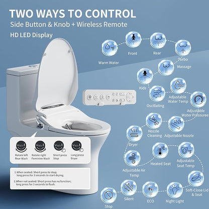 Elongated Electric Bidet Toilet Seat, Warm Water Bidet With Dryer | Luxury Smart Bidet with LED Display Panel, Adjustable Pressure, Steel Nozzle, Soft-Close, Wireless Remote, for Villa & Family