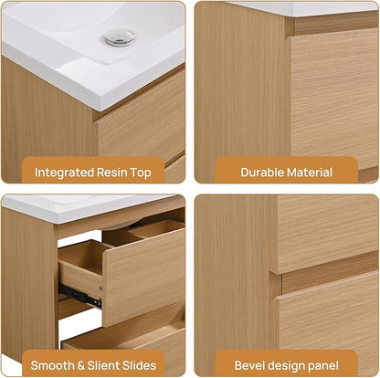 walsport Floating Bathroom Vanity with Sink & Mirror & Faucet & Countertop Set Small Wall Mounted Bathroom Single Sink Cabinet with Double Storage Drawers Modern (Natural)