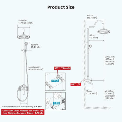 gotonovo Exposed Bathroom Shower System Two Cross Handle Antique Brass | Vintage Brass Tub Shower Faucet Set,8’’ Rain Head with Handheld Spray,Swivel Tub Spout,6’’ Hole Distance,Adjustable Height
