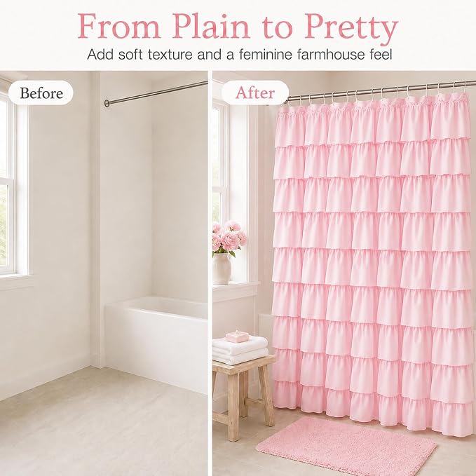 Pink Ruffle Shower Curtain for Master Bathroom, 72 x 84, Ruffled Layered | Romantic Feminine Aesthetic, Extra-long 72x84, 12 Hooks Included, Machine Washable, Cascading Ruffle Tiers, Soft Microfiber