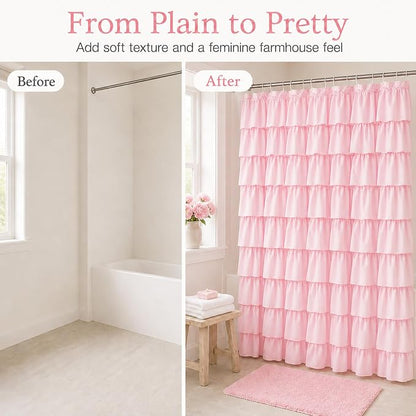 Pink Ruffle Shower Curtain for Master Bathroom, 72 x 84, Ruffled Layered | Romantic Feminine Aesthetic, Extra-long 72x84, 12 Hooks Included, Machine Washable, Cascading Ruffle Tiers, Soft Microfiber