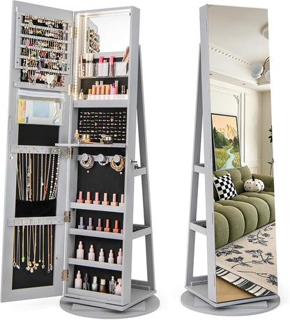 CHARMAID 360° Swivel Jewelry Armoire with Full Length Mirror, Rear Storage Shelves, Lockable Standing Jewelry Cabinet Organizer with Interior Vanity Mirror and 3-Color Lights (Gray)