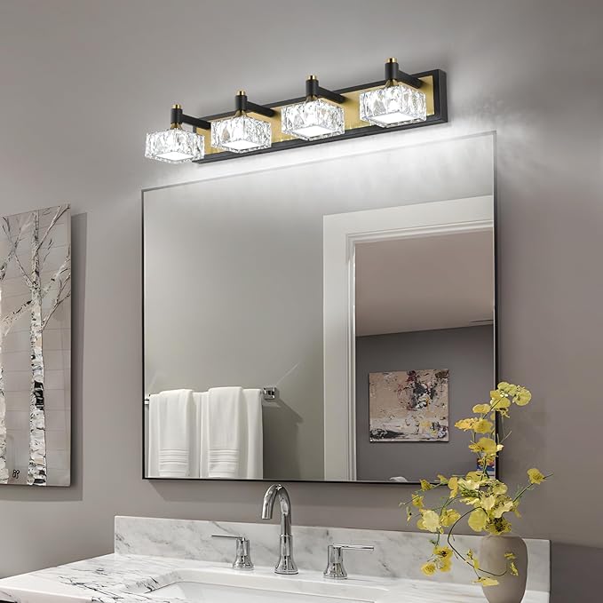 4-Light Bathroom Vanity Light Dimmable, 24W LED Bathroom Lighting Fixtures Over Mirror, Gold Black Wall Sconce with Crystal Shade for Daylight Illumination