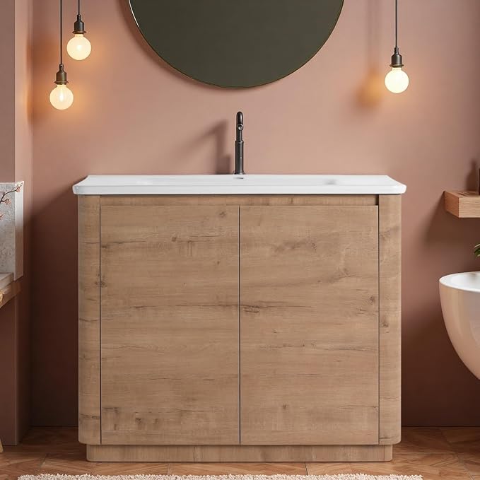 40" Bathroom Vanity with Ceramic Sink, Freestanding Bathroom Vanity with 2-Soft-Close Door, Soft-Closing Hinges & Hidden Handles for Home, Farmhouse, Easy to Clean Design, Imitative Oak