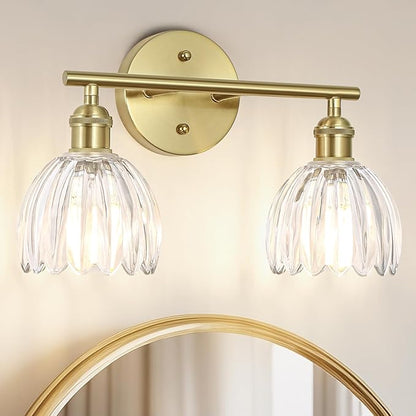 Vintage Bathroom Light Fixtures,2-Light Hardwired Vanity Lights with Clear Tulip Glass Shade,Gold Bathroom Vanity Light for Mirror Restroom,E26 Socket,14.57 in(Bulbs Not Included)