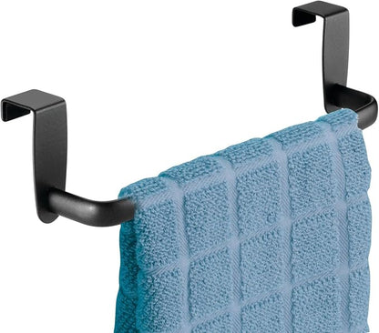 mDesign Steel Metal Wire Over Cabinet Towel Rack Storage Organizer - Hang on Cabinet or Door - Towel Bar Holder for Kitchen - Holds Hand Towels, Washcloths - Spira Collection - Matte Black