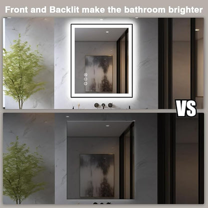 EchosLife 32x36 LED Bathroom Mirror - Black Border | Black Frame, Front and Backlit, Anti-Fog, Stepless Dimmable, 3 Colors, Memory, Tempered Glass, UL Listed, Horizontal/Vertical
