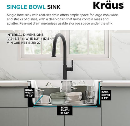 KRAUS Quarza 24-inch Granite Drop-In/Undermount Single Bowl White Kitchen Sink, KGD-410BWHITE