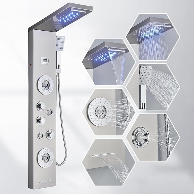AlenArt Shower Panel LED Shower Tower System with Rainfall Waterfall Shower Head, 4 Body Massage Jets,Hand Shower Sprayer and Tub Spout Stainless Steel, Brushed Nickel