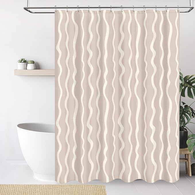 Tititex Cute Curvy Wavy Lines 140gsm Faux Linen Fabric Shower Curtain, Elegant Beige Cream Wave Striped Shower Curtain Sets Decoration 72x72 Inch with Hooks