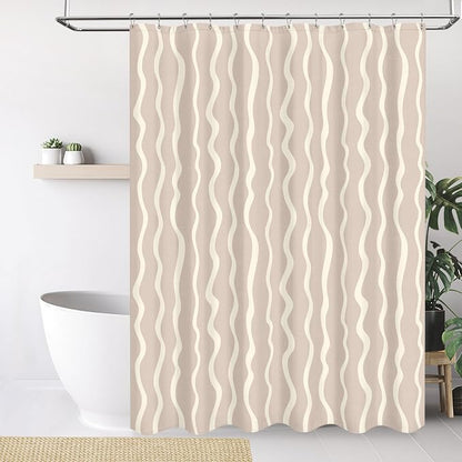Tititex Cute Curvy Wavy Lines 140gsm Faux Linen Fabric Shower Curtain, Elegant Beige Cream Wave Striped Shower Curtain Sets Decoration 72x72 Inch with Hooks