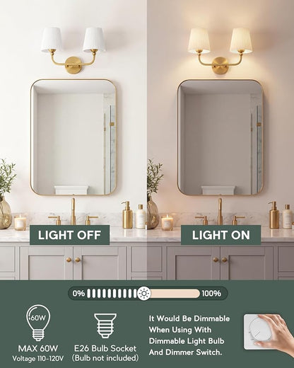 2-Light Brushed Gold Bathroom Vanity Light, Pleated Fabric Shade | 17" 2-light gold double wall sconce with white pleated fabric shades, E26 bulbs, hardwired, upward only, VL837-BG-Z-2