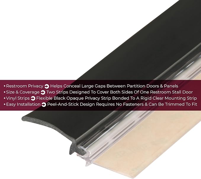 Prime-Line 650-1010 Restroom Door Privacy Cover, Black, 2-1/8 x 58 In., Rigid Plastic and Flexible Vinyl Restroom Stall Gap Filler, Provides Privacy, Easy to Install Self-Adhesive (Single Pack)