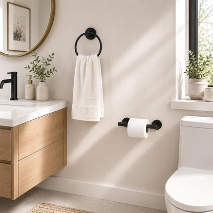 Toilet Paper Holder and Hand Towel Ring Bathroom Set | Matte Black,Stainless Steel,Wall Mount,Bathroom Accessories,Hand Towel Ring and Toilet Paper Holder Set,Easy to install