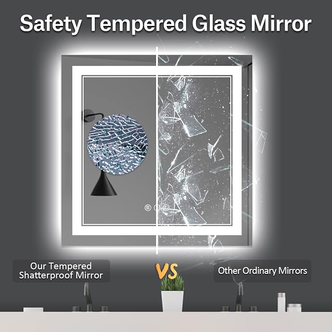 36x36 Inch LED Mirror for Bathroom | Front and Backlit, 3 Colors, Dimmable, Memory, Anti Fog, Shatterproof, Horizontal/Vertical, Lighted Mirrors for Bathroom Wall